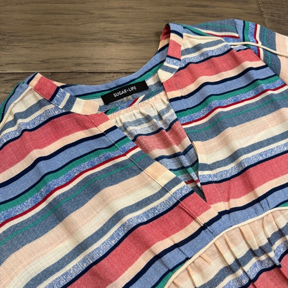 Sugarlips Red and‎ Blue Ruched 3/4 Sleeve Blouse Stripes Size M - Picture 4 of 12